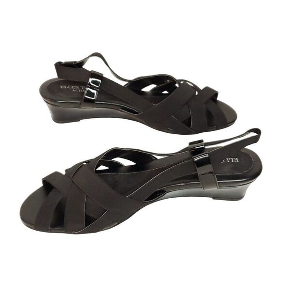 Ellen Tracy Slingback Wedge Sandal 8 Black Strappy Criss Cross Open Toe - Picture 7 of 8